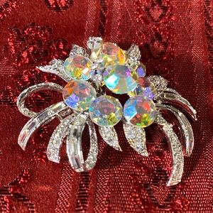 Vintage AB Silver-tone Floral and Ribbon Cluster Brooch. Approx. 2”